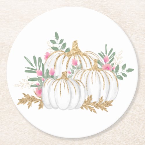 Pink Floral Gold Pumpkin Thanksgiving Fall Wedding Round Paper Coaster