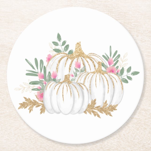 Pink Floral Gold Pumpkin Thanksgiving Fall Wedding Round Paper Coaster (Front)