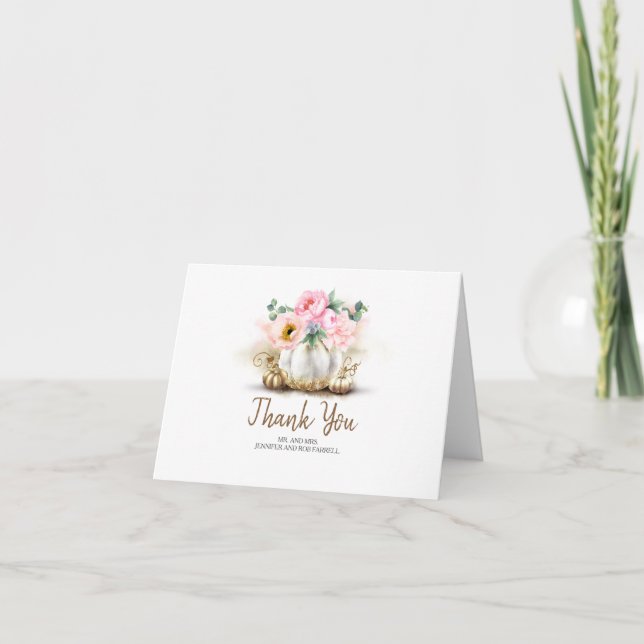 Pink Floral Gold Pumpkin Vase Wedding Thank You Card (Front)