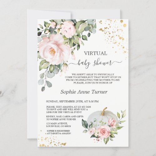 Pink Floral Gold Pumpkin Virtual Baby Shower Invitation