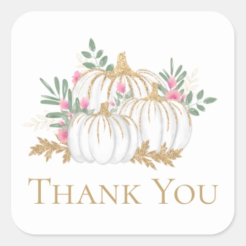 Pink Floral Gold Pumpkins Thanksgiving Thank You Square Sticker