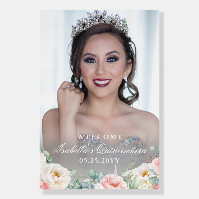 Pink Floral Gold Quinceañera Party Welcome Sign (Front)