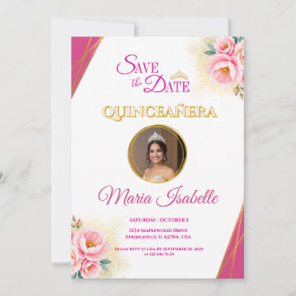 Pink Floral & Gold Quinceañera Save the Date Card