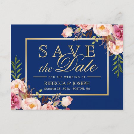 Pink Floral Gold Royal Navy Blue - Save The Date Announcement Postcard