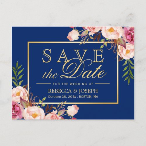 Pink Floral Gold Royal Navy Blue _ Save the Date Announcement Postcard