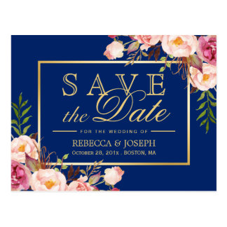 Pink Floral Gold Royal Navy Blue - Save the Date Postcard