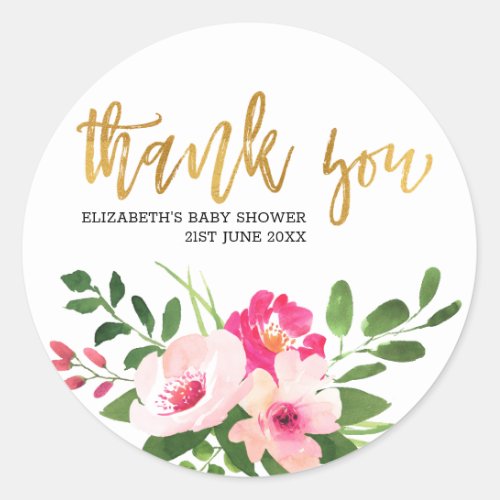 Pink Floral Gold Script  Baby Shower Thank You Classic Round Sticker