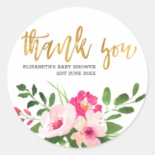 Pink Floral Gold Script Baby Shower Thank You Classic Round Sticker