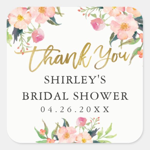 Pink Floral Gold Script Bridal Shower Thank You Square Sticker
