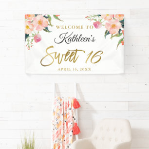 Pink Floral Gold Script Sweet 16 Birthday Banner