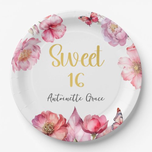 Pink Floral Gold Script Sweet 16 Birthday Paper Plates