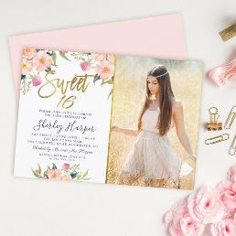 Pink Floral Gold Script Sweet 16 Birthday Photo Invitation