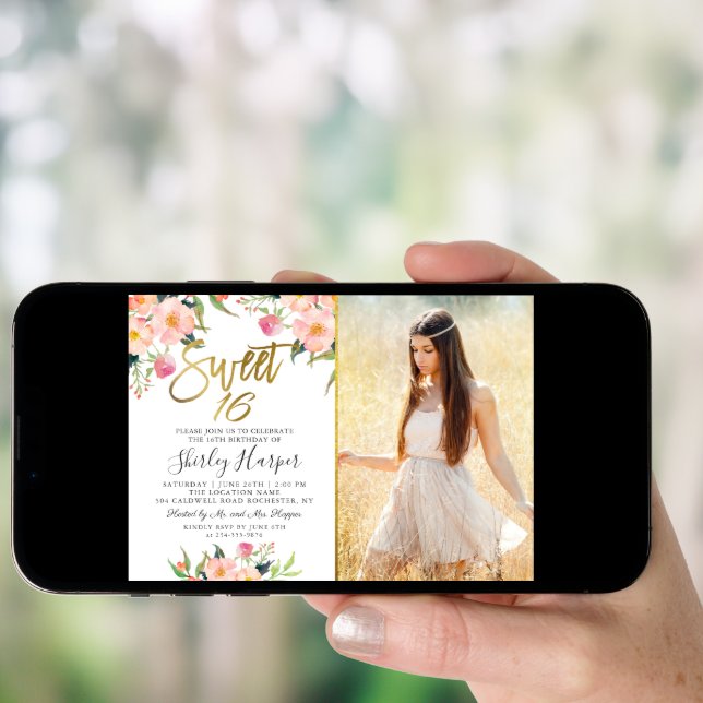 Pink Floral Gold Script Sweet 16 Birthday Photo Invitation (Front Digital)