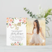 Pink Floral Gold Script Sweet 16 Birthday Photo Invitation (Standing Front)