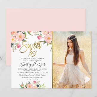 Pink Floral Gold Script Sweet 16 Birthday Photo Invitation