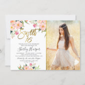 Pink Floral Gold Script Sweet 16 Birthday Photo Invitation (Front)