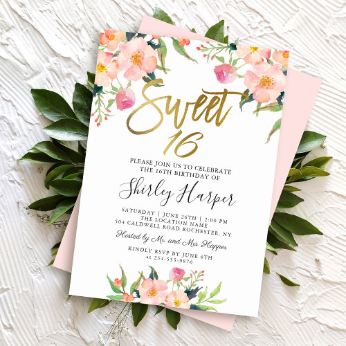 Pink Floral Gold Script Sweet Sixteen 16 Birthday
