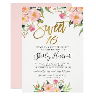Pink Floral Gold Script Sweet Sixteen 16 Birthday Invitation