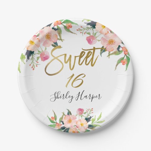 Pink Floral Gold Script Sweet Sixteen 16 Birthday Paper Plates