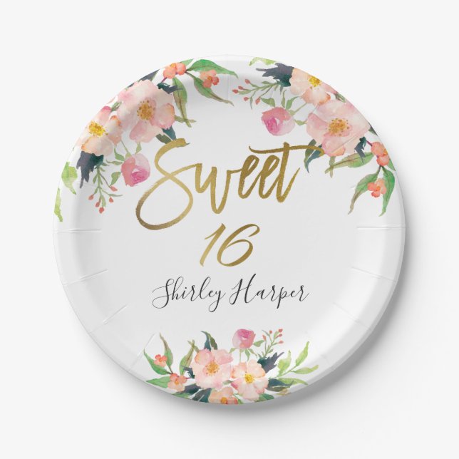 Pink Floral Gold Script Sweet Sixteen 16 Birthday Paper Plates (Front)