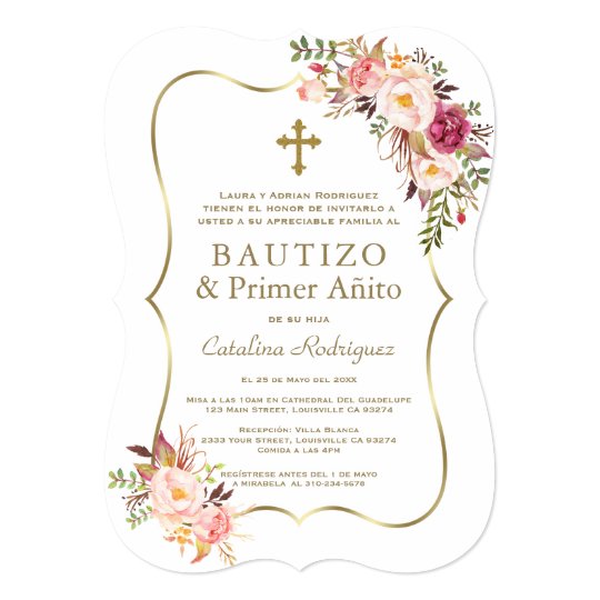 Pink Floral Gold Spanish Girl 1st Birthday Baptism Invitation | Zazzle.com