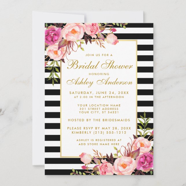 Pink Floral Gold Striped Bridal Shower Invitation (Front)