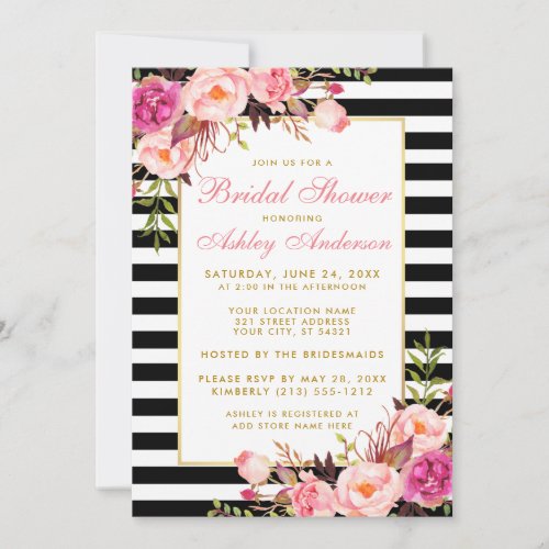 Pink Floral Gold Striped Bridal Shower Invite P