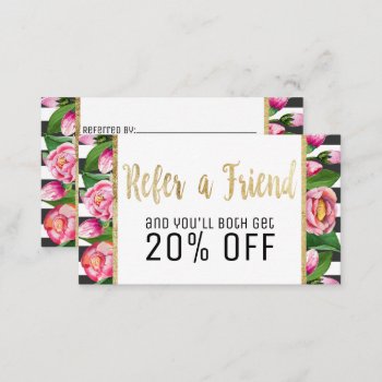 Pink Floral Gold Stripes Loyalty Referral Card by BlackStrawberry_Co at Zazzle
