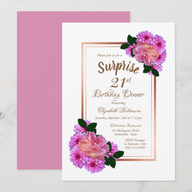 Pink Floral Gold Surprise 21st Birthday Dinner Invitation (Front/Back)