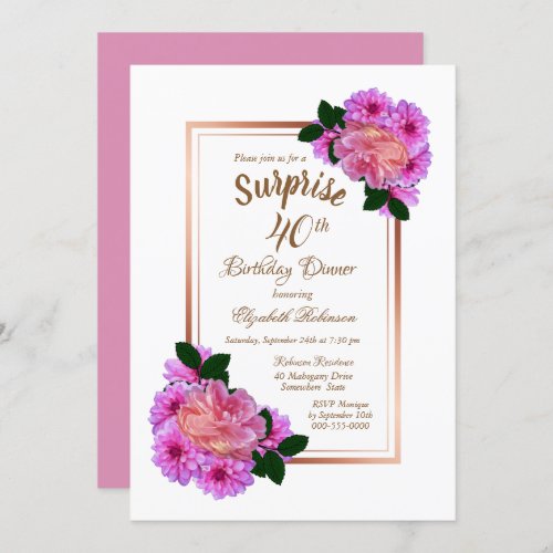 Pink Floral Gold Surprise 40th Birthday Dinner Invitation