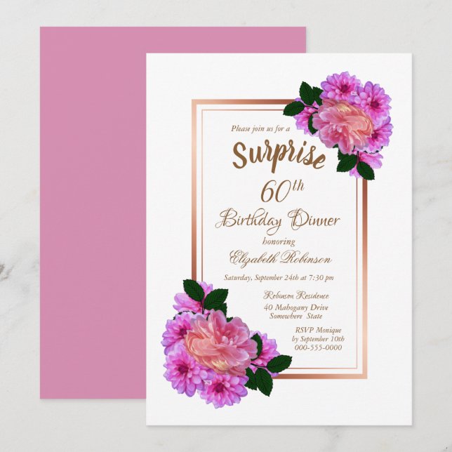 Pink Floral Gold Surprise 60th Birthday Dinner Invitation (Front/Back)