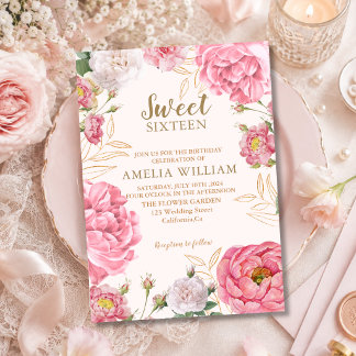 Pink Floral Gold Sweet 16 Blush Botanical birthday Invitation