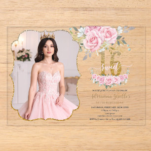 Pink Floral Gold Sweet Sixteen 16th Birthday Photo Acrylic Invitations