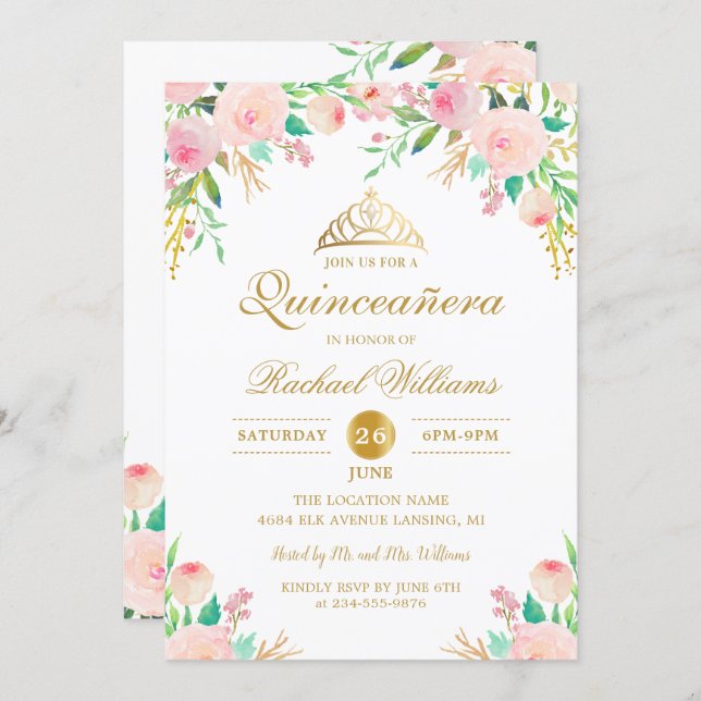 Pink Floral Gold Tiara Quinceañera 15th Birthday Invitation (Front/Back)