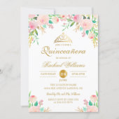 Pink Floral Gold Tiara Quinceañera 15th Birthday Invitation (Front)