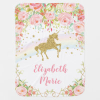 Pink Floral Gold Unicorn Girl Nursery Baby Blanket