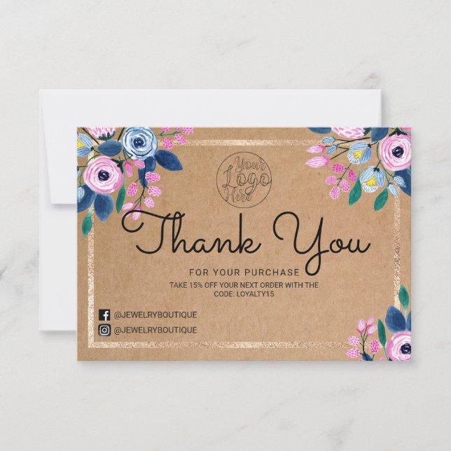 Pink Floral Gold Watercolor Customer Thank You (Front)