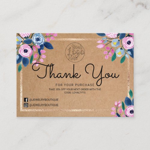Pink Floral Gold Watercolor Customer Thank You Business Card