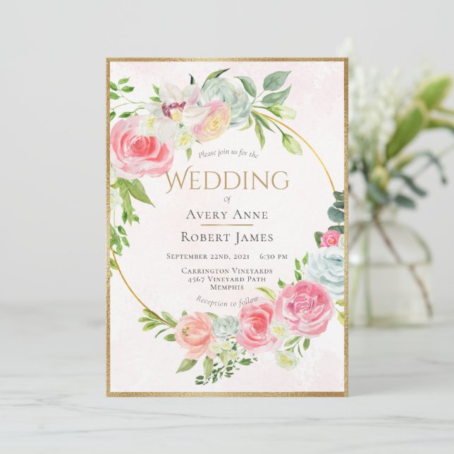 Pink Floral Gold Watercolor Wedding Invitation (Standing Front)