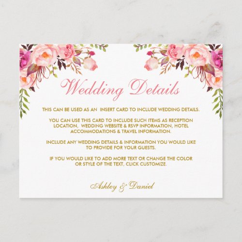 Pink Floral Gold Wedding Details Insert Card