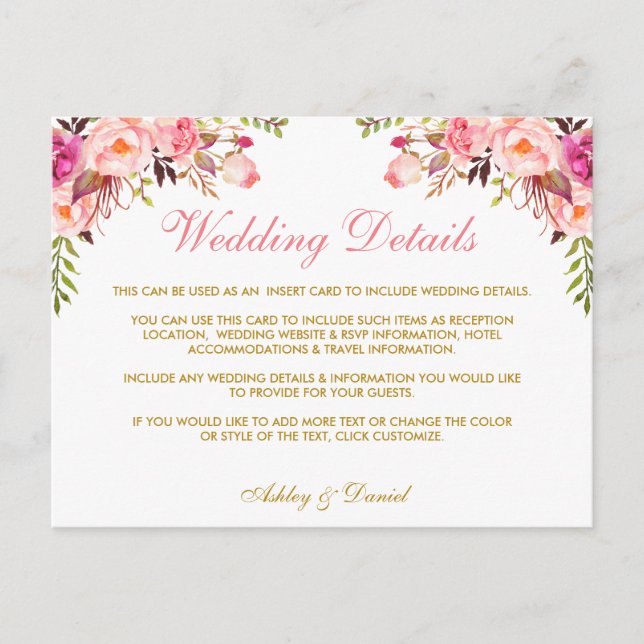 Pink Floral Gold Wedding Details Insert Card (Front)