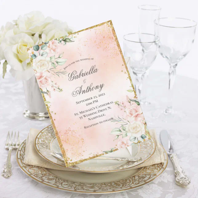 Pink Floral Gold Wedding Invitation Zazzle