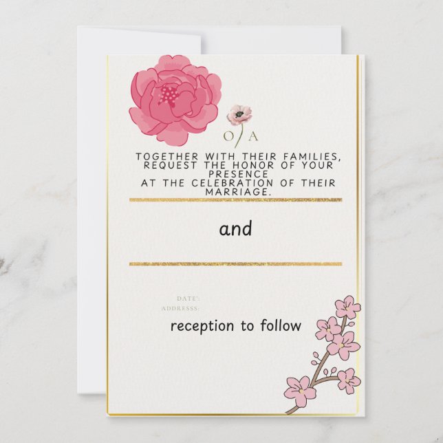Pink Floral & Gold Wedding Invitation | Cherry Blo (Front)