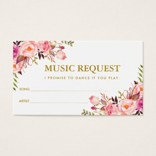 Pink Floral Gold Wedding Music Song Request Card