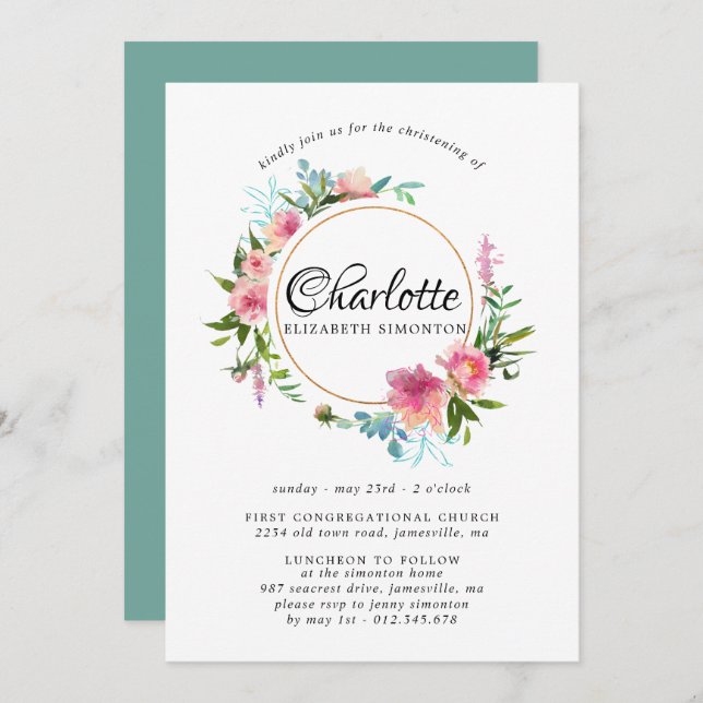 Pink Floral &  Gold Wreath Christening Invitations (Front/Back)