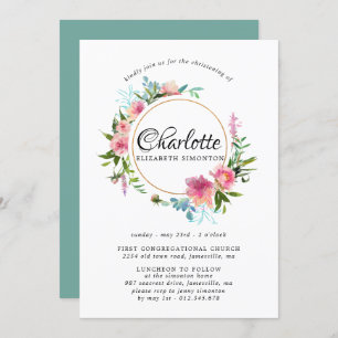 Pink Floral & Gold Wreath Christening Invitations