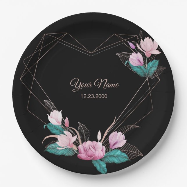Pink Floral Golden Geometric Elegant Black Party Paper Plates (Front)