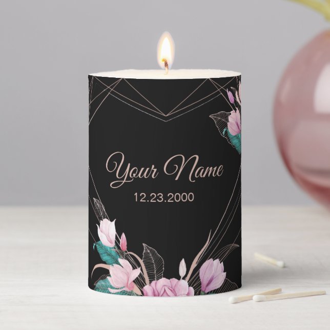 Pink Floral Golden Geometric Elegant Black Party Pillar Candle (In Situ)