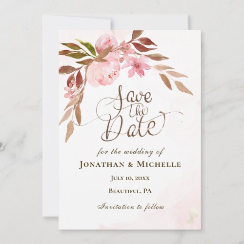 Pink Floral Golden Greenery Inspirational Wedding  Save The Date
