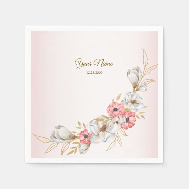 Pink Floral Golden Peach Modern Wedding Party Napkins (Front)